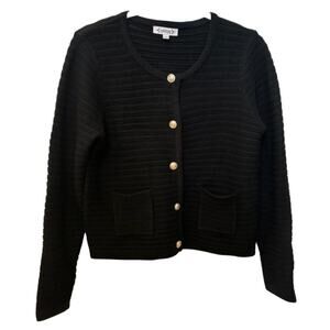 Nanette Lepore Black Knit Cardigan Small Gold Buttons Pockets Designer Sweater